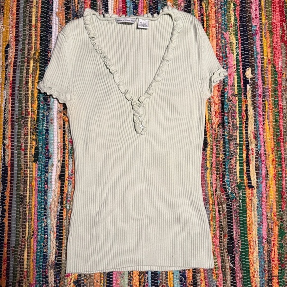 Vintage Y2K Ribbed Ruffle Knit Tee – Cotton by Autumn Cashmere Size Large - Picture 1 of 3